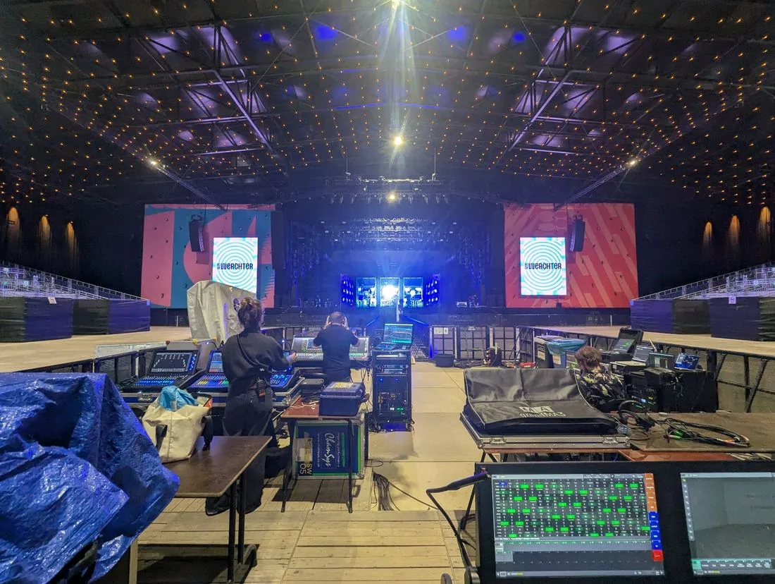 Front of house at Rock Werchter 2025 with the Soulwax set lit on stage