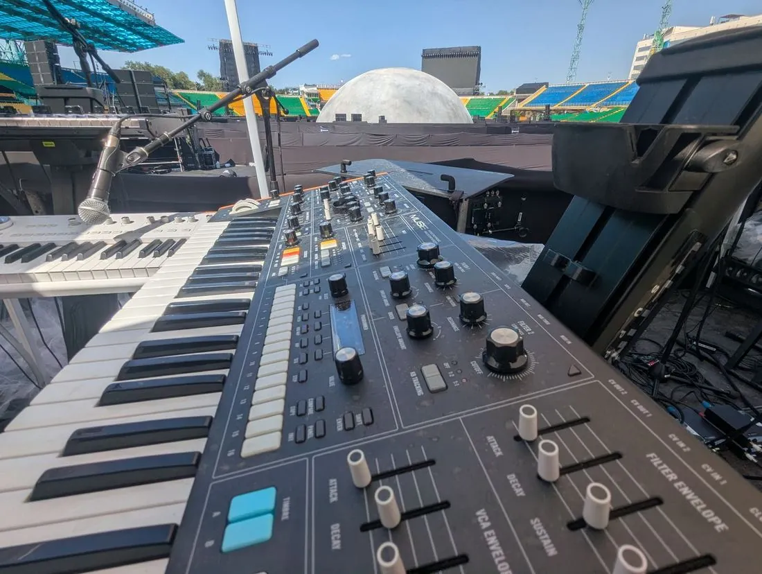 Synth in the keys world with the dome stage in the stadium during the build